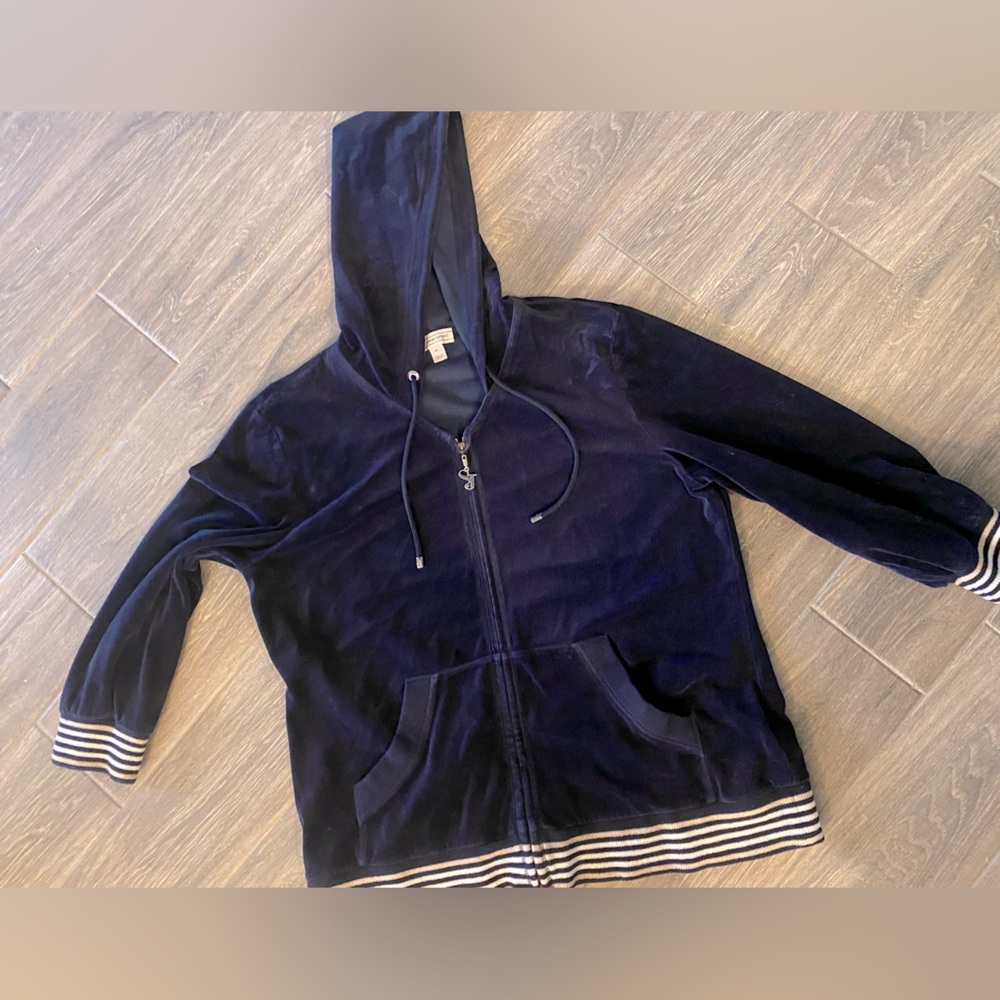 St John Navy Blue Velour Zip Up Hooded Jacket Crop Sleeve Size XL